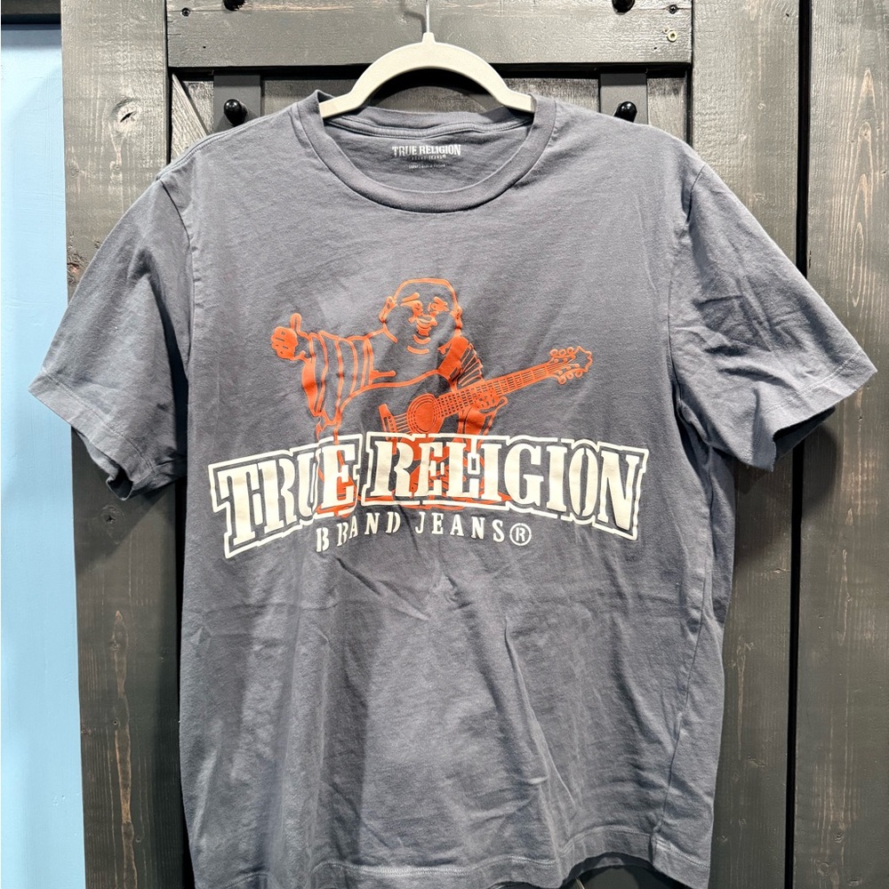True Religion Charcoal and Orange Buddha Stencil Graphic Tee